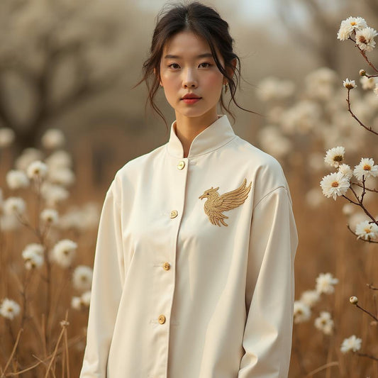 Phoenix Autumn Jacket Cream - Front with Infinite Wings Patch