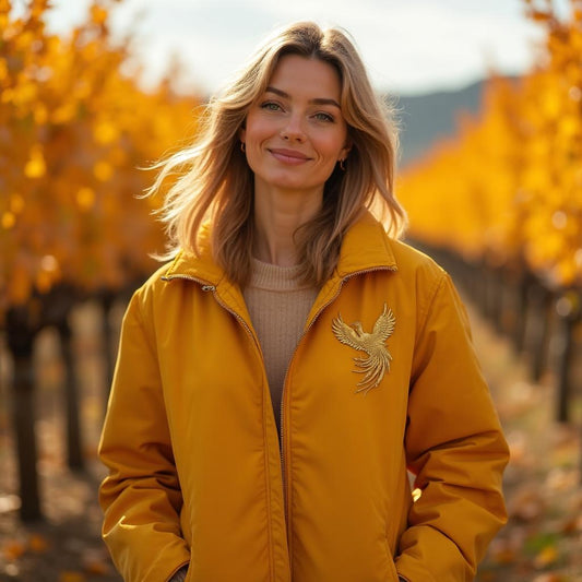 Phoenix Autumn Jacket Mustard - Front with Infinite Wings Patch
